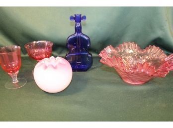 Cranberry 10'Dx 4'H Bowl, Satin Glass Rose Bowl, Blue Violin Bottle, 2 Cranberry Stems   (117)