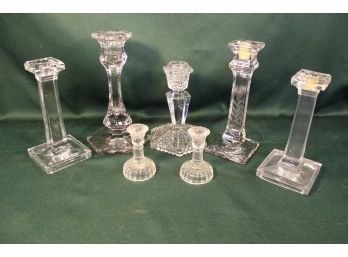 7 Antique & Vintage Glass Candlesticks - 2 Pair & 3 Singles   (142)