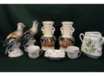 Pair Of Small Urns 8'H, Pair Of Birds Figures, Royal Stafford Bowl, 3 Handled Limoges Jar, 2 Cups  (144)