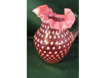 Antique Hand Blown Cranberry Opalescent Dot Ruffled Edge Glass Pitcher, 9'H   (148)