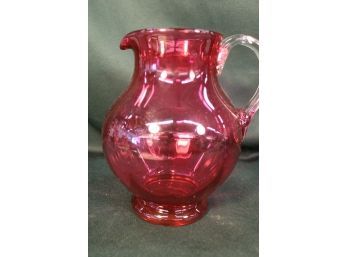 Antique Hand Blown Cranberry Glass Handled Pitcher, 8'H   (150)