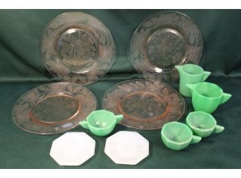 Assorted Antique 4 Pink Depression Glass Plates, Child's Dishes  (151)