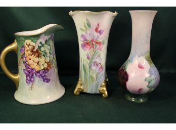 Antique 3 Hand Painted  Porcelain Pieces By Vera Henchbarger, One Marked Limoges  (152)