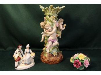 Large Stzendorf  Candle Holder (as Is), English Ceramic Flowers And Figurine   (158)