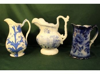 3 Blue & White Pitchers, 8' & 9'H, (2 As Is)    (159)