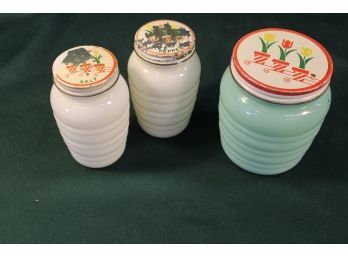 Antique  Glass Salt & Pepper Shakers & Covered Jadeite Glass Jar, 4.5'H  (41)