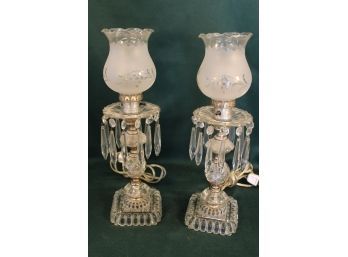 Antique Pair Electric Lamps With Glass Crystal Prisms And Etched Glass Shades , 15'High  (44)