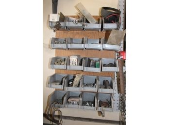 Shelves W/20 Bins Of Assorted Hardware, Hole Saw, Pullies, Much More  (193)