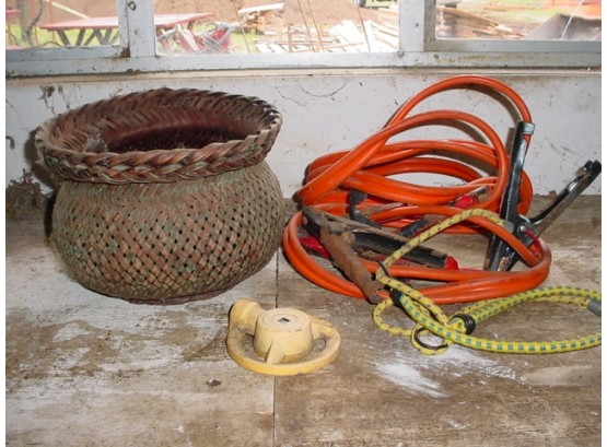 Woven Basket, Auto Jumper Cables, Bungee Cords, Sprinkler  (1071)