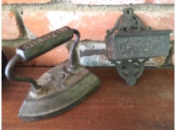 Antique Cast Iron Sad Iron And Metal Match Holder, Ca. 1890  (1097)