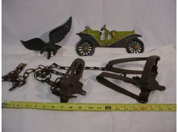 Cast Aluminium Eagle And Touring Car Wall Hangings, Victor #2 Animal Trap, Iron Varmint Trap  (1347)