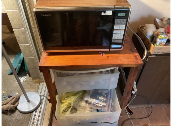 Microwave,  Table, Plastic Cart And Contents