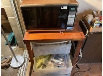 Microwave,  Table, Plastic Cart And Contents