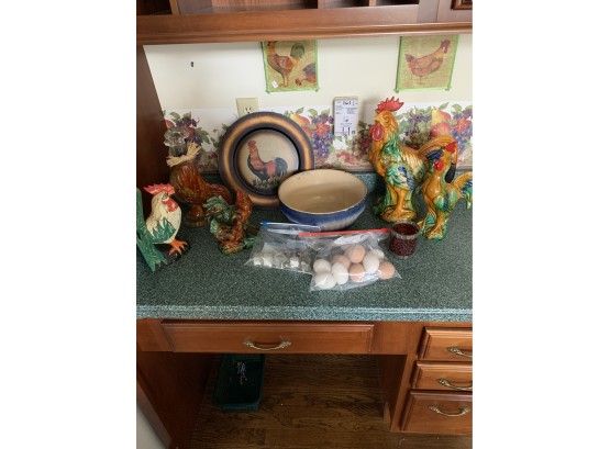 Lot Of Chickens And Roosters Salt Glazed Bowl