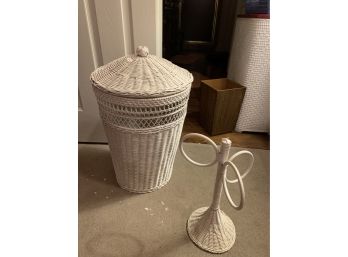 Two Piece Wicker Basket And Towel Rack