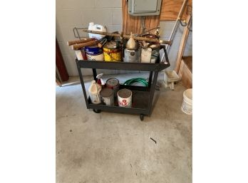 Metal Cart With Paint And Hand Yard Tools
