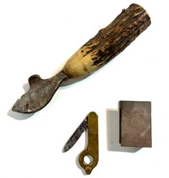 3pc  Cigar Box Opener W/stag Handel, Brass Cigar Cutter And A Match Sleeve