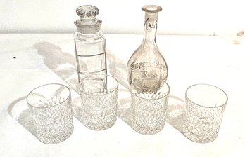 'Sweepstakes' Glass Long Neck Bottle, Apothecary And Group Of 4 Whisky Glasses