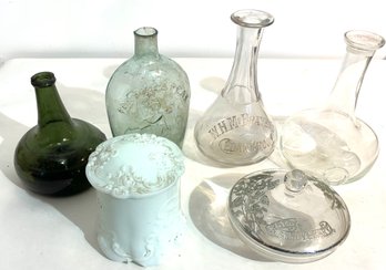 Six Antique Bottles And Milk Glass Dresser Box