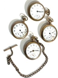 Four Pocket Watches Standard, Two Elgin Pocket Watch And Waltham Pocket Watch With Chain