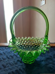 Fenton Green Hobnail Ruffled Top Art Glass Basket