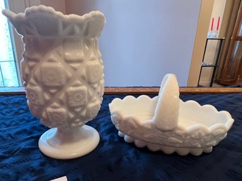 Westmoreland Milk Glass Lot - Old Quilt Vase & Grapes Candy Dish