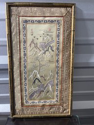 Asian Embroidery On Silk Fabric With Faux Bamboo Frame