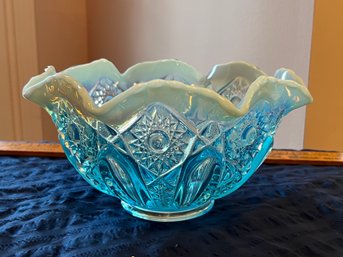 Magical Opalescent Edged Blue Patterned Glass Bowl