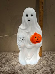 Vintage Halloween Ghost With Skull & Pumpkin Blow Mold Decoration - Working!
