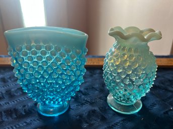Gorgeous Blue Opalescent Glass Hobnail Small Bud Vase Lot Of 2