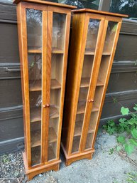 Pair Of Two Tall Wood Glass Door Cabinets Shelves
