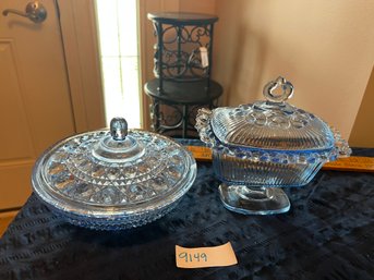 Lot Of 2 Pieces Of Ice Blue Glass Covered Dishes