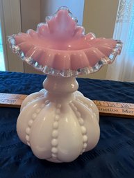 BEAUTIFUL Jack In The Pulpit Pink Crest Beaded Melon Cased Glass Vase