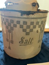 Antique Enamel Enameled Salt Box / Wall Canister