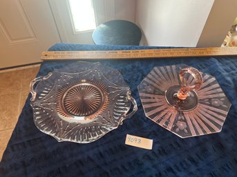 Lot Of Two Pink Depression Glass Platter & Tray