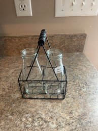 Metal Milk Basket And Glass Milk Jars
