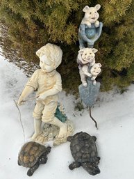 Lot Of Misc Garden Decorations - Turtles, Pigs & Boy Fishing!
