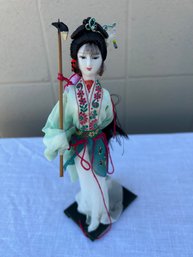 Vintage Chinese Silk Doll In Light Green Dress On Stand