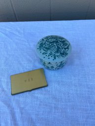 Vintage Denmark Nymolle Art Faience Limited Edition Powder Jar And Brass Business Card Holder