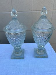Pair Of Crystal Anglo-Irish Covered Sweetmeat / Urn Jars - As Is