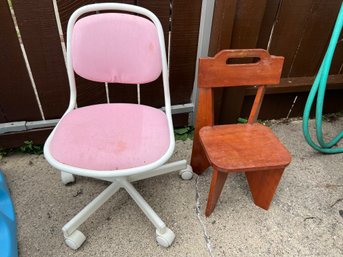 Childs Chair Lot - Vintage Wood Chair And Pink Office Children's Chair