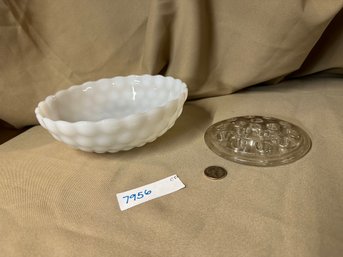 Milk Glass Bowl And A Flower Frog