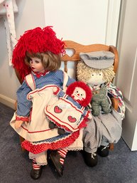 Darling Danbury Mint Raggedy Ann Doll, Oak Doll Bench, And Stuffed Animal Decoration