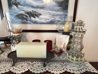 Large Boat / Sea Themed Decor Lot With Wax Works Candle & Party Lite Candle & Stand!