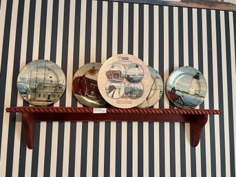 Wood Shelf & Lot Of 4 Sakura Stoneware Plates