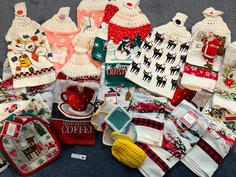 Massive Lot Of Seasonal Hand Knitted / Crocheted Kitchen Hand Towels / Oven Mitts & More