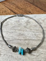 Silver Beaded Bracelet With Turquoise Nuggets - 7' Length