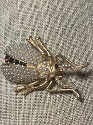 Vintage Rhinestone & Faux Pearl Beetle Brooch