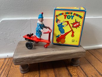 Tin Litho Toy Metal Clown Riding Scooter Wind Up