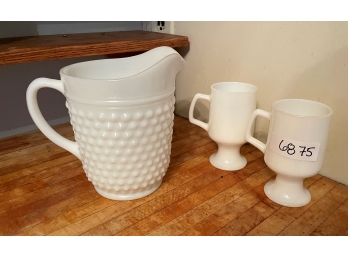 Pitcher Milk Glass Hobnail And Two Mugs